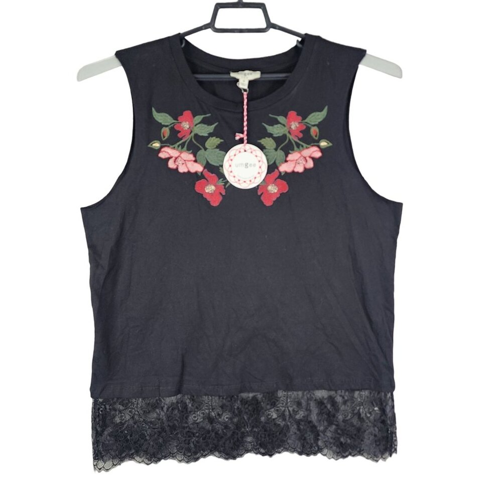 Women's Umgee USA Sleeveless Black Top w/ Floral Embroidery & Lace Hem Size M